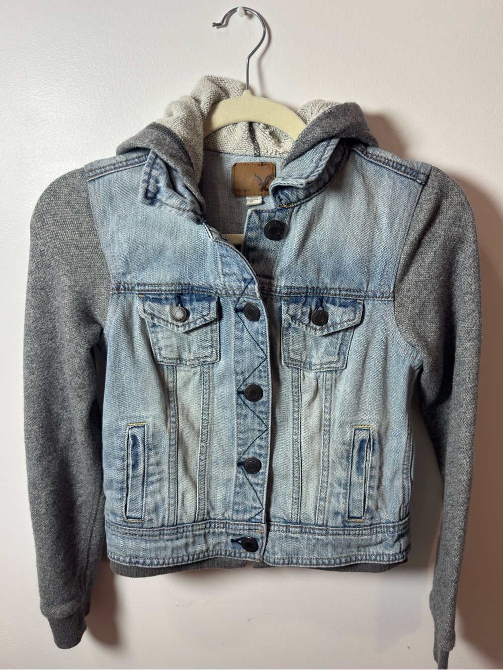 American Eagle Jean Jacket Womens XS Hooded Gray Knot Long Sleeve Button Front